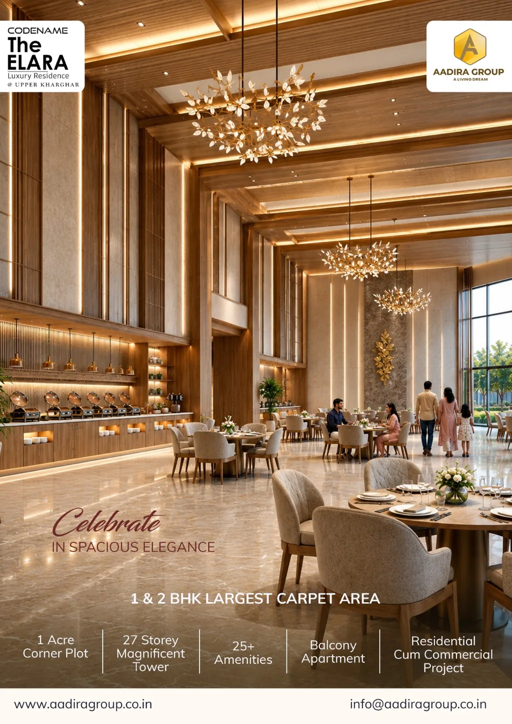 Elara grand dining lobby with chandeliers